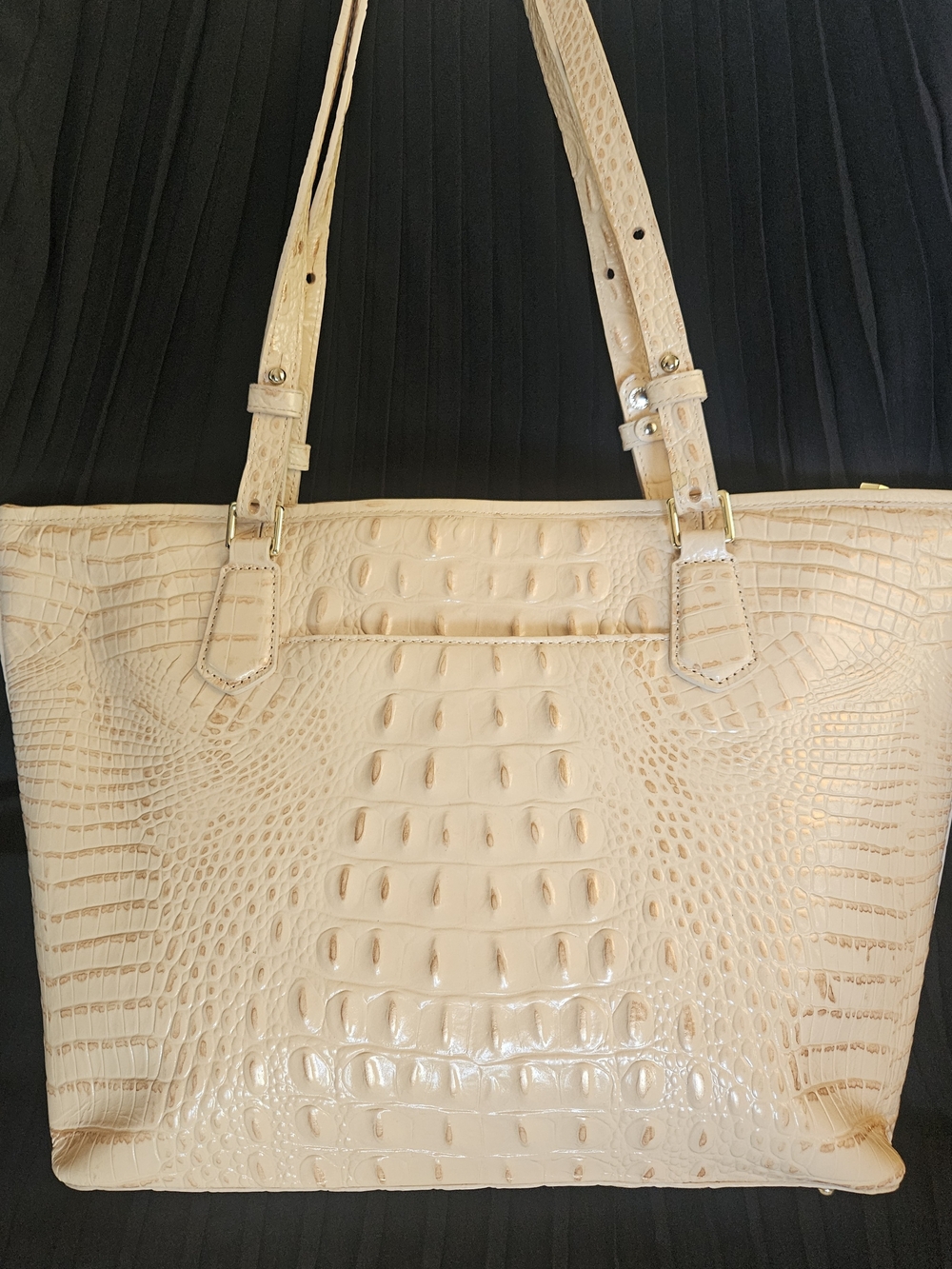 Brahmin Large Croc Embossed Leather Tote Cream Tan Shoulder Bag Tassel - Picture 2 of 9